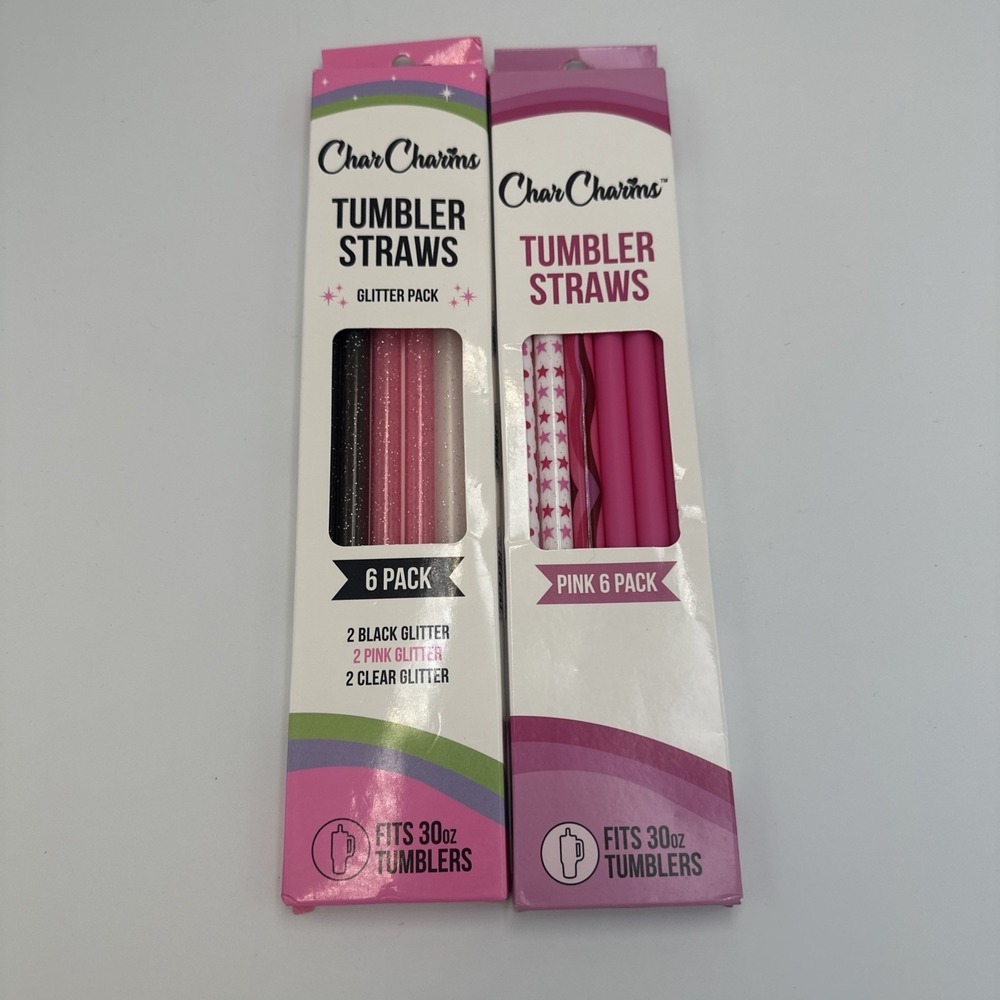 (2) Char Charms Tumbler Straws 30‎ Oz Tumblers Pink & Glitter Design 6-packs NEW